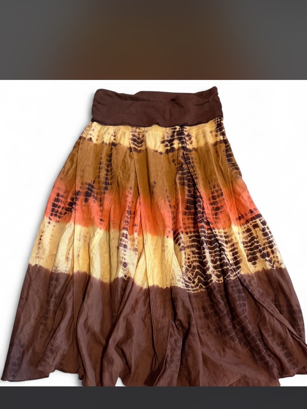 Tracy Evans Brown Tie-Dye Maxi Skirt with Orange and Cream Bands